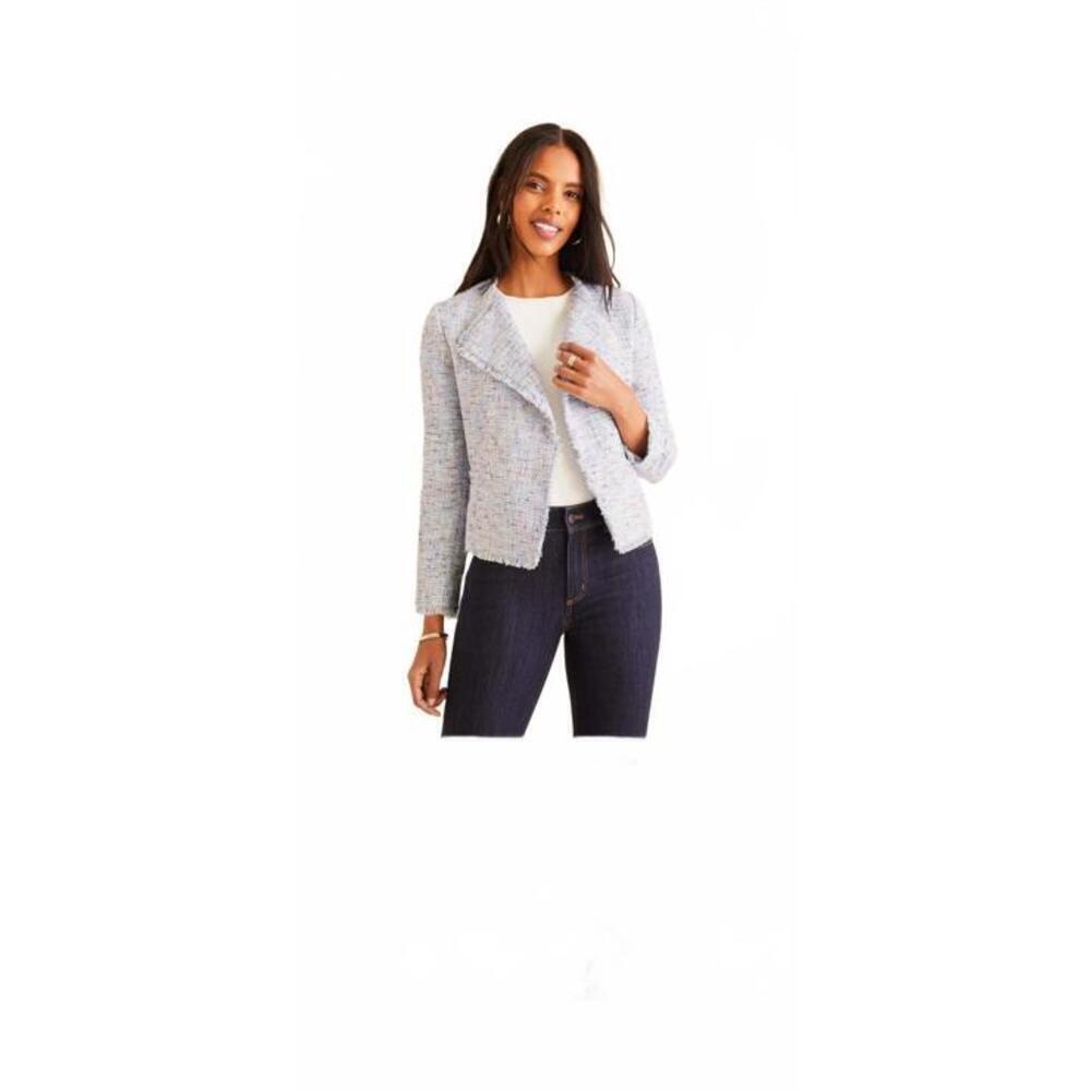 Ann Taylor Women's Blue Boucle Weave Tweed Blazer Jacket Fringe Hems Size 6